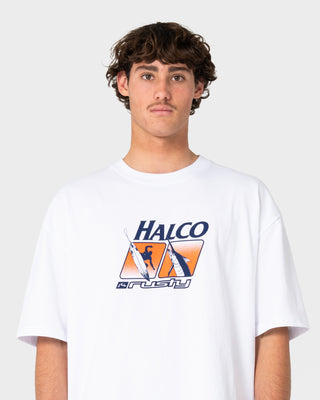 Man wearing Rusty x Halco Short Sleeve Tee in White