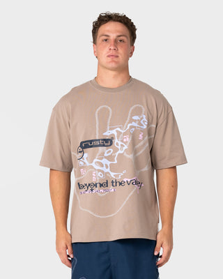 Man and women wearing BTV Graphic Tee in Mushroom