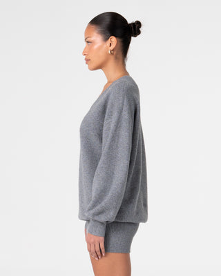Woman wearing the Kairo Long Sleeve Slouch Knit Dress in Grey Marle