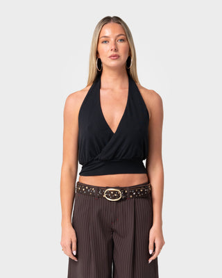 Woman wearing Honey Halter Top in Black