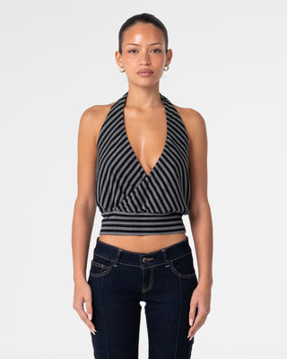 Woman wearing Honey Stripe Halter Top in Grey Marle Stripe