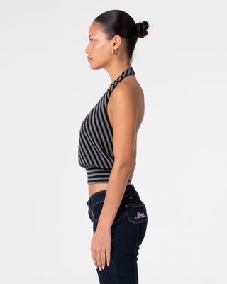 Woman wearing Honey Stripe Halter Top in Grey Marle Stripe