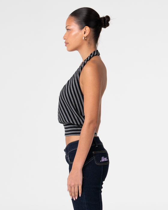 woman-wearing-honey-stripe-halter-top-in-grey-marle-stripe