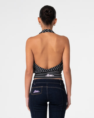 Woman wearing Honey Stripe Halter Top in Grey Marle Stripe