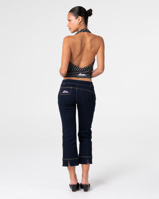 Woman wearing Honey Stripe Halter Top in Grey Marle Stripe