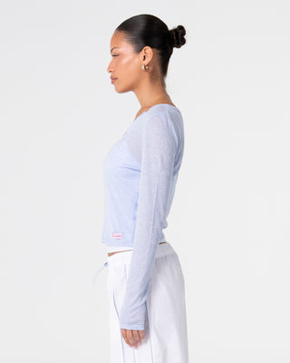 Woman wearing Henry Henley Long Sleeve Top in Sail Blue