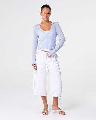 Woman wearing Off Duty Wide Leg Capri Pant in Off White