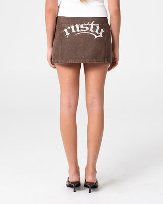Woman wearing Rear View Low Rise Mini Skirt in Brown