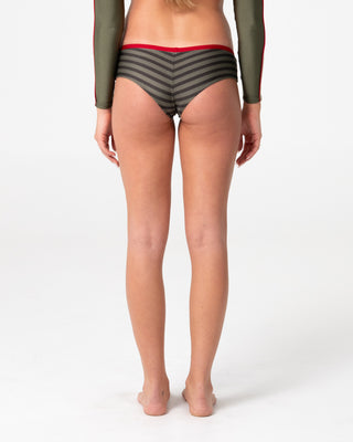 Woman Wearing Rambo Zoe Cheeky Bikini Short in Camo / Stripe