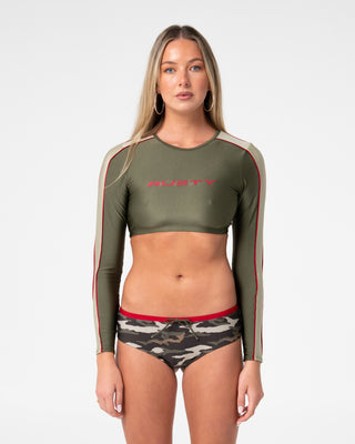 Woman Wearing Rambo Zoe Cropped Rashie Vest in Camo / Stripe
