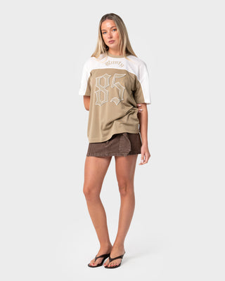 Woman Wearing Z Baller Oversized Mesh Tee in Abbey Stone