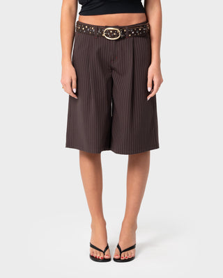 Woman wearing Big Bad Finance Mommy Low Rise Short in Java Pinstripe
