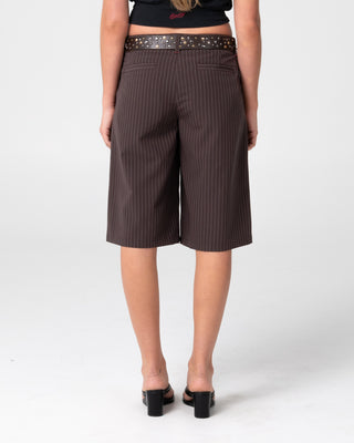 Woman wearing Big Bad Finance Mommy Low Rise Short in Java Pinstripe
