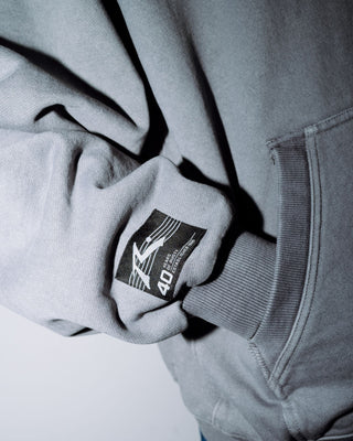 Man wearing Heritage Hoodie in Washed Grey