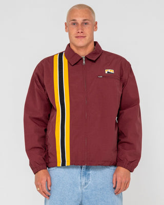 Man wearing Concealer Shell Jacket in Burgundy