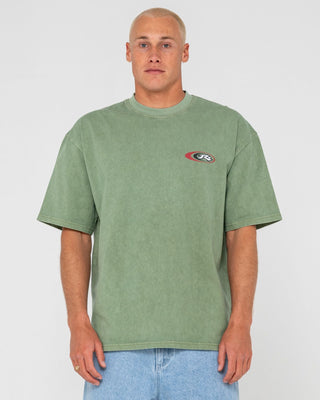 Man wearing Sleds N Threads Short Sleeve Tee in Oil Green