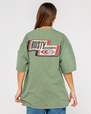 Man wearing Sleds N Threads Short Sleeve Tee in Oil Green