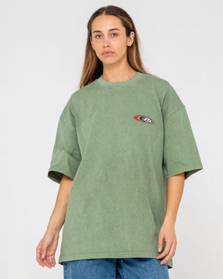 Man wearing Sleds N Threads Short Sleeve Tee in Oil Green