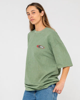 Man wearing Sleds N Threads Short Sleeve Tee in Oil Green