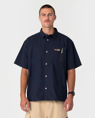 Man wearing Mosley Short Sleeve Shirt in Navy Blue