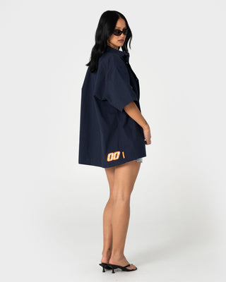 Man wearing Mosley Short Sleeve Shirt in Navy Blue