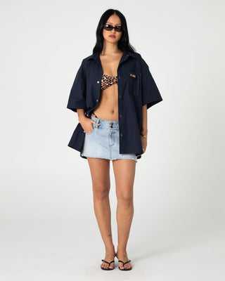 Man wearing Mosley Short Sleeve Shirt in Navy Blue