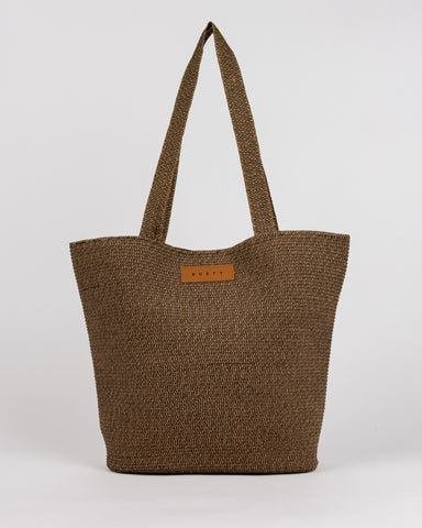 Womans Gisele Straw Beach Bag in Black / Caramel