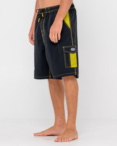 Man wearing Tech Mechanisms Boardshort in Black