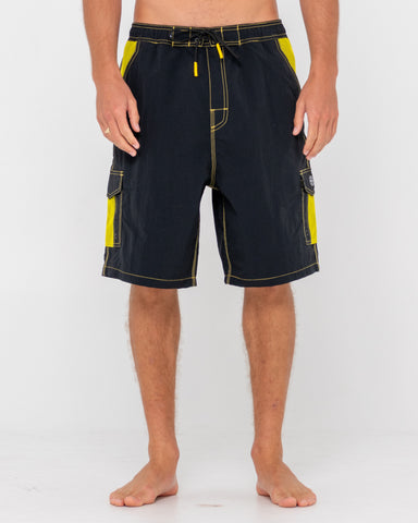 Man wearing Tech Mechanisms Boardshort in Black