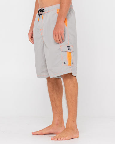 Man wearing Tech Mechanisms Boardshort in Oyster Grey