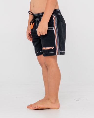 Boy wearing Flip Daddy Boardshort Runts in Black