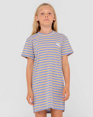 Girl wearing Camila Stripe Tee Dress Girls in Yonder Blue