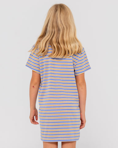 Girl wearing Camila Stripe Tee Dress Girls in Yonder Blue