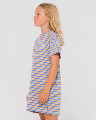 Girl wearing Camila Stripe Tee Dress Girls in Yonder Blue