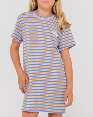 Girl wearing Camila Stripe Tee Dress Girls in Yonder Blue
