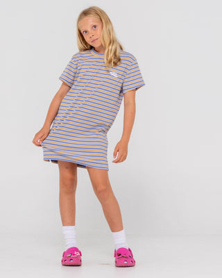 Girl wearing Camila Stripe Tee Dress Girls in Yonder Blue