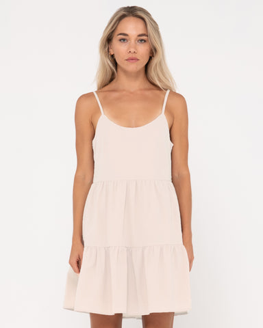 Woman wearing Heather Slip Dress in Oatmeal