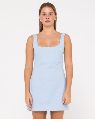 Woman wearing Meg Slip Dress in Celestial Blue