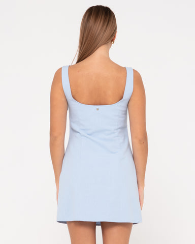 Woman wearing Meg Slip Dress in Celestial Blue