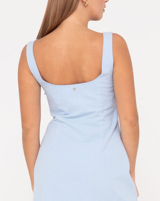 Woman wearing Meg Slip Dress in Celestial Blue