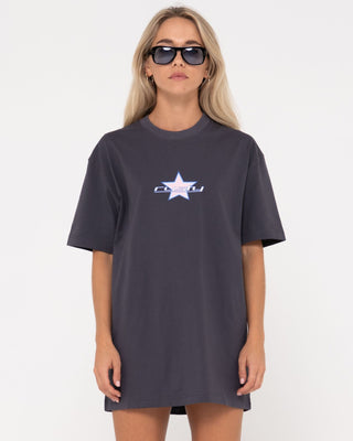 Woman wearing Star Burst Tee Dress in Coal