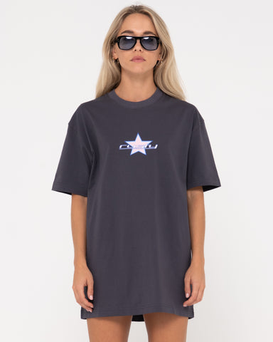 Woman wearing Star Burst Tee Dress in Coal