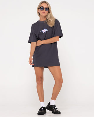 Woman wearing Star Burst Tee Dress in Coal