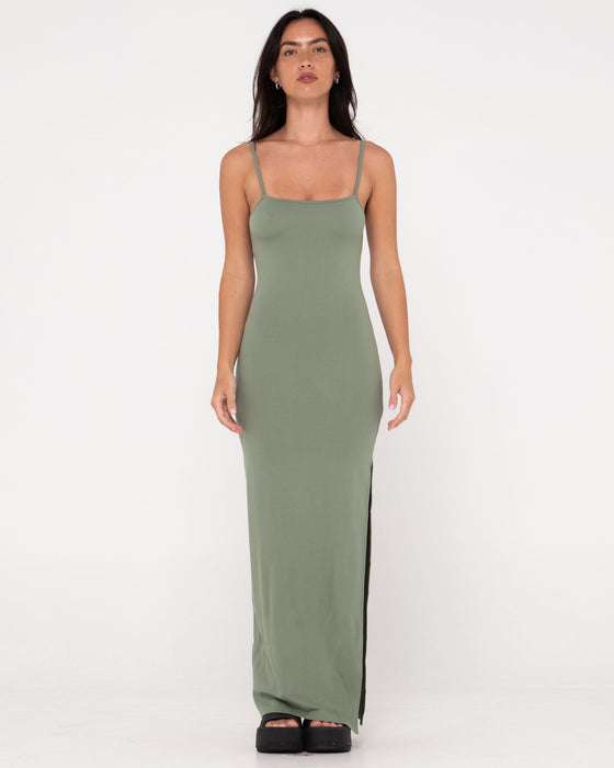 woman-wearing-vicky-fixed-back-slip-maxi-dress-in-army-green