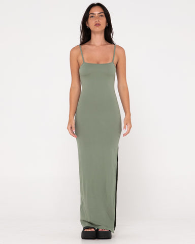 Woman wearing Vicky Fixed Back Slip Maxi Dress in Army Green