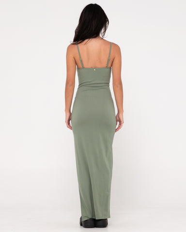 Woman wearing Vicky Fixed Back Slip Maxi Dress in Army Green