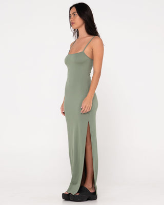 Woman wearing Vicky Fixed Back Slip Maxi Dress in Army Green