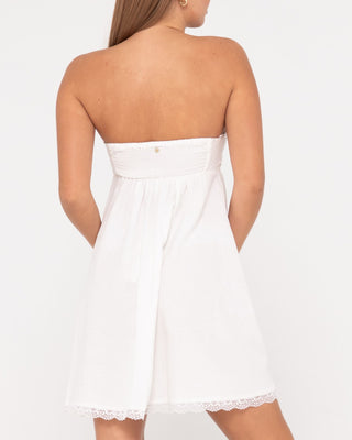 Woman wearing Capri Lace Front Mini Dress in Snow