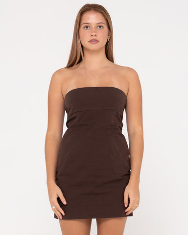 Woman wearing Leluna Strapless Mini Dress in Java