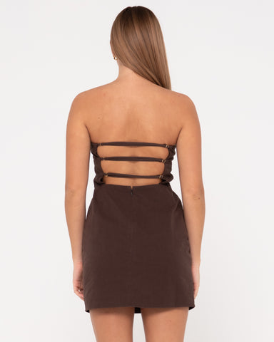 Woman wearing Leluna Strapless Mini Dress in Java